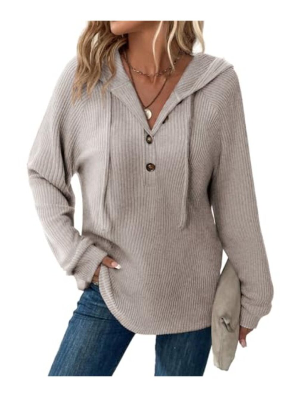 Women's Fuzzy Rib Knit Hoodie Drawstring Sweatshirt Long Sleeve Tunic Top